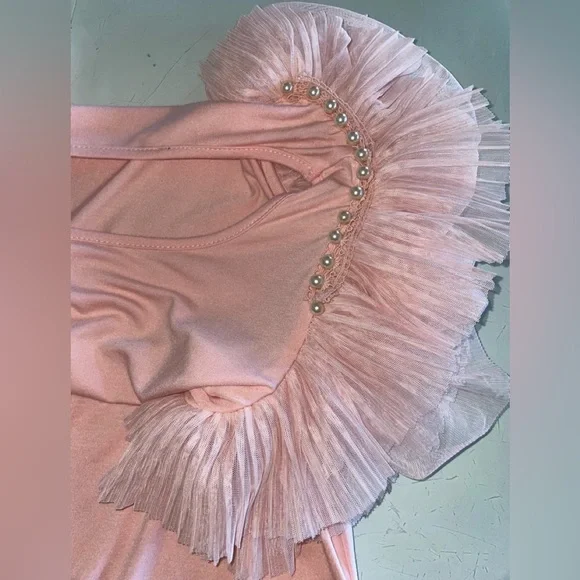 LAST SALE PRICE TOP FROTHY PLEATED LAYERS TULLE SLEEVE ROSE SIZE SMALL STRETCH - Picture 6 of 13